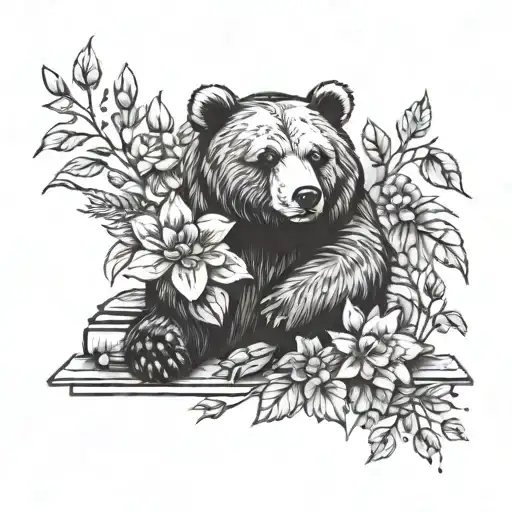 A tattoo design featuring a bear crafting a beautiful flower bouquet, surrounded by falling leaves and a stack of books tattoo design idea