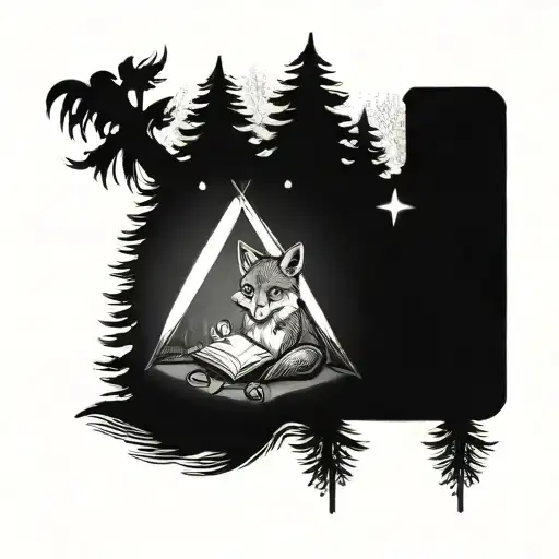 A tattoo design of a cozy camping scene with a fox reading a book by the fire, surrounded by pine trees and twinkling stars tattoo design idea