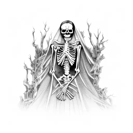 skeleton woman in wedding dress and veil stuck in dead tree trunk tattoo design idea