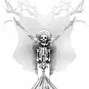 skeleton woman in wedding dress and veil stuck in dead tree trunk tattoo design idea