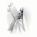 skeleton woman in wedding dress and veil stuck in dead tree trunk tattoo design idea