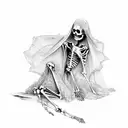 skeleton woman in wedding dress and veil stuck in dead tree trunk tattoo design idea