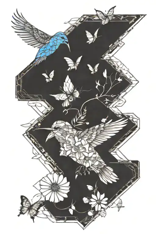 mountain blue bird flying with butterflies and small aster, morning glory and chrysanthemum flowers  tattoo design idea