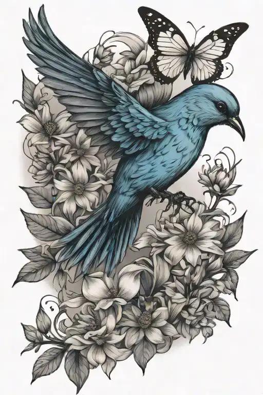 mountain blue bird flying with butterflies and small aster, morning glory and chrysanthemum flowers  tattoo design idea
