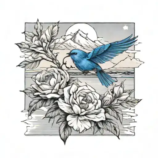 one mountain blue bird flying, with two or three small wild prairie roses and a calm apline lake in the background tattoo design idea