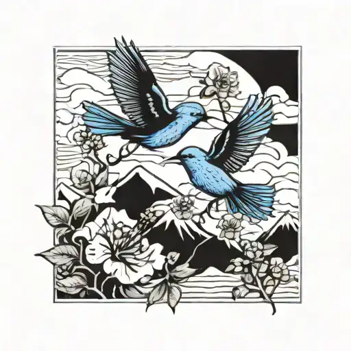 mountain blue birds flying and small wild prairie rose intertwined with the rocky mountains or lake in the background  tattoo design idea