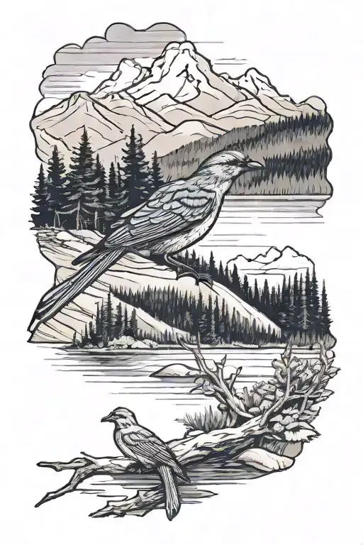 Payette lake in Idaho with a small mountain blue bird in the background  tattoo design idea