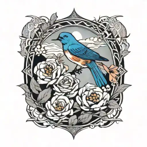 one mountain blue bird flying, with two or three small wild prairie roses and a calm apline lake in the background tattoo design idea