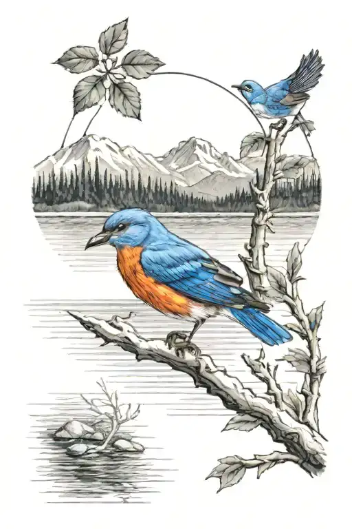 Payette lake in Idaho with a small mountain blue bird in the background  tattoo design idea