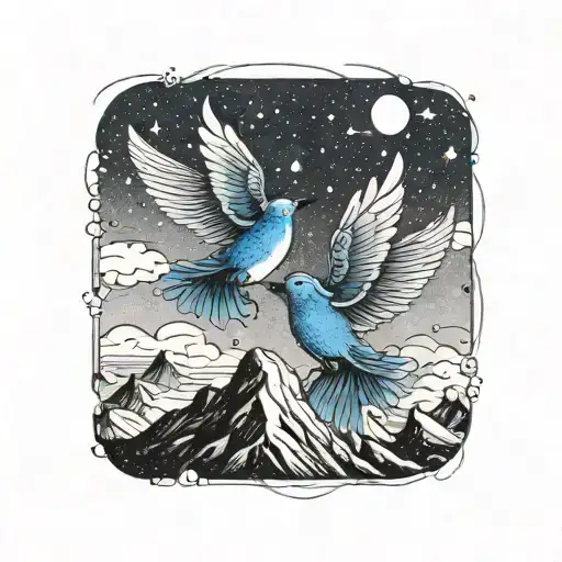 small, one mountain blue birds flying  tattoo design idea