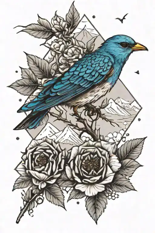 mountain blue bird with the rocky mountains in the back and wild prairie roses around with some geometric features  tattoo design idea