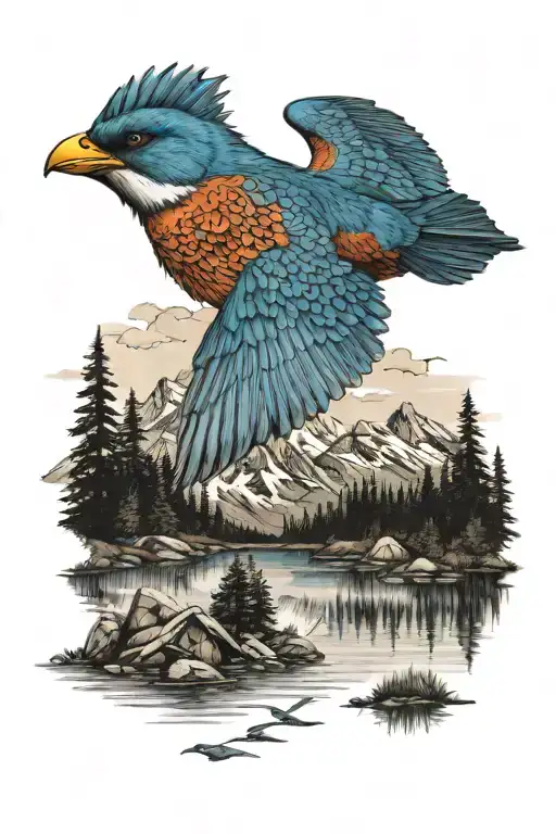 Redfish lake in Idaho with a mountain blue bird flying tattoo design idea