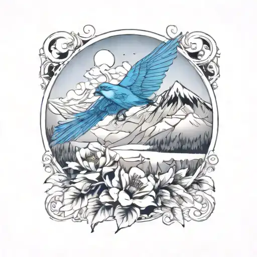 mountain blue birds flying and wild prairie rose intertwined with the rocky mountains or lake in the background  tattoo design idea
