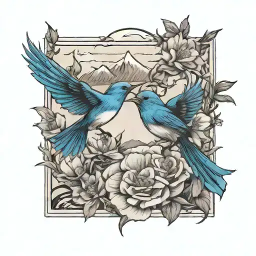 mountain blue birds flying and small wild prairie rose intertwined with the rocky mountains or lake in the background  tattoo design idea