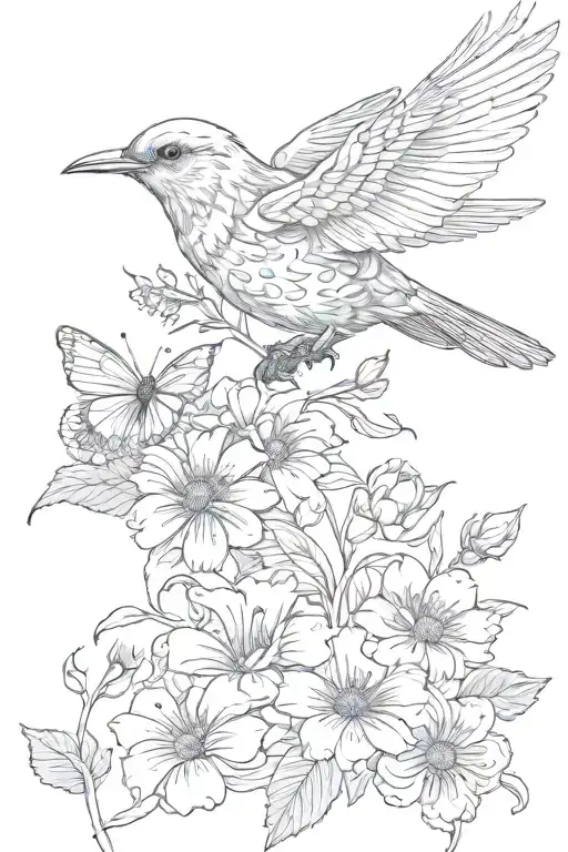 mountain blue bird flying with butterflies and small aster, morning glory and chrysanthemum flowers  tattoo design idea