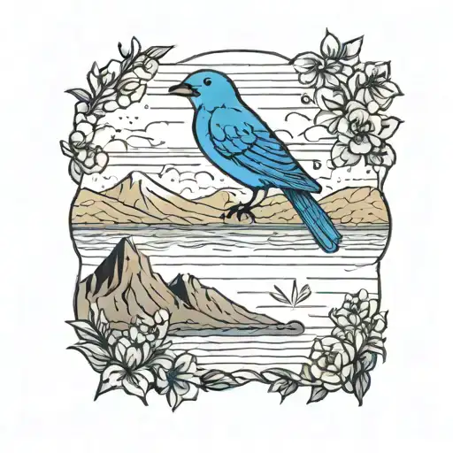 one mountain blue bird flying, with two or three small wild prairie roses and a calm apline lake in the background tattoo design idea