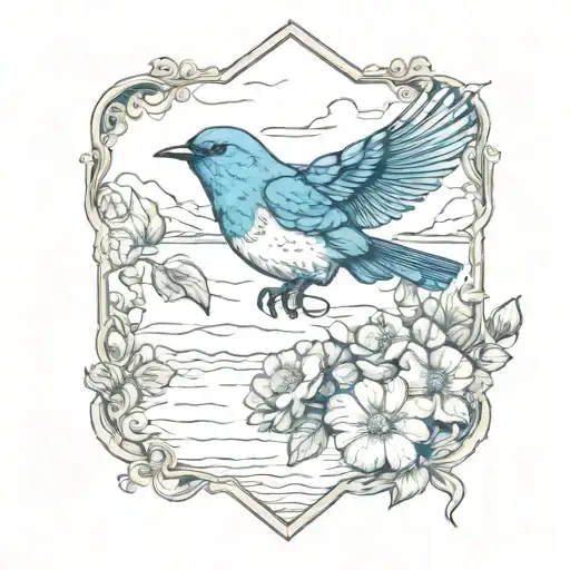one mountain blue bird flying, with two or three small wild prairie roses and a calm apline lake in the background tattoo design idea