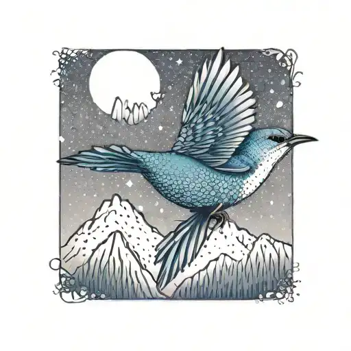 small, one mountain blue bird  flying  tattoo design idea
