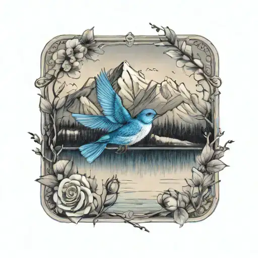 one mountain blue birds in flight, small wild prairie roses in a calm apline lake reflecting the mountains         tattoo design idea