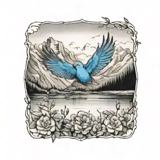 one mountain blue birds in flight, small wild prairie roses in a calm apline lake reflecting the mountains         tattoo design idea