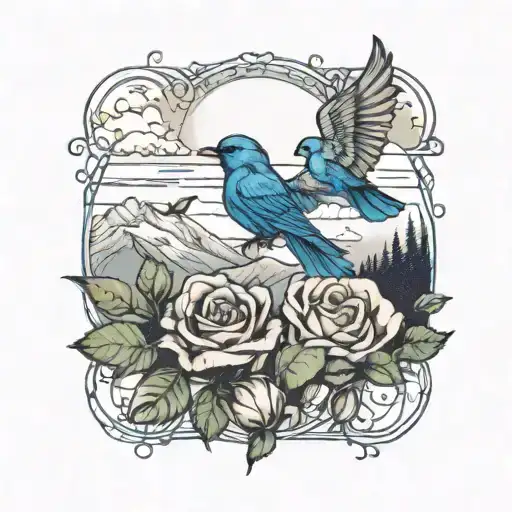 smaller mountain blue birds flying and wild prairie rose intertwined with the rocky mountains or lake in the background  tattoo design idea