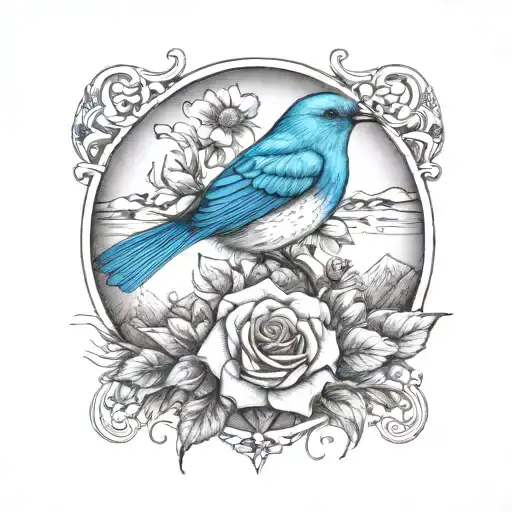 mountain blue bird and wild prairie rose intertwined tattoo design idea