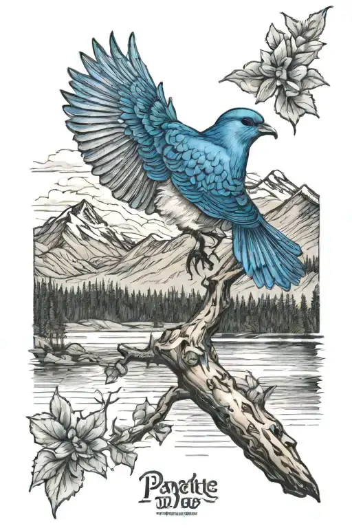 Payette  lake in Idaho with a mountain blue bird  tattoo design idea