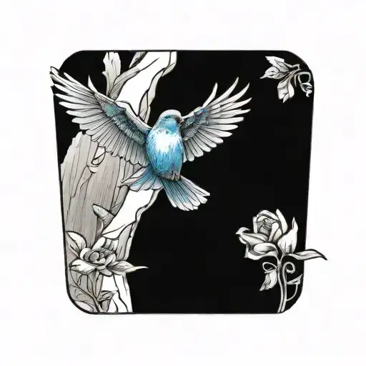 mountain blue birds flying and small wild prairie rose intertwined with the rocky mountains or lake in the background  tattoo design idea