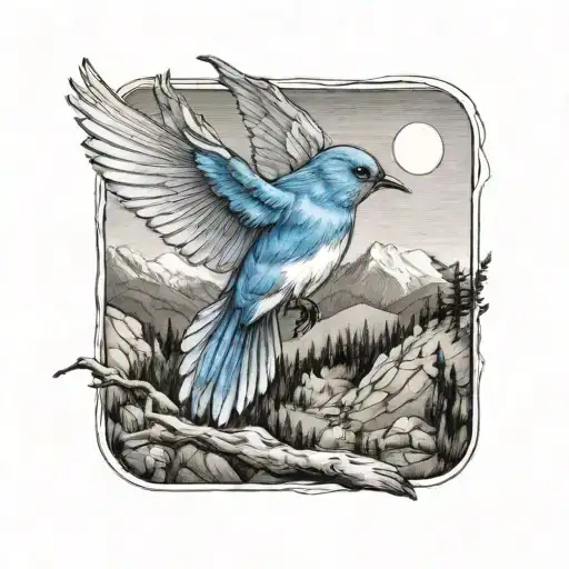 small, one mountain blue birds flying  tattoo design idea