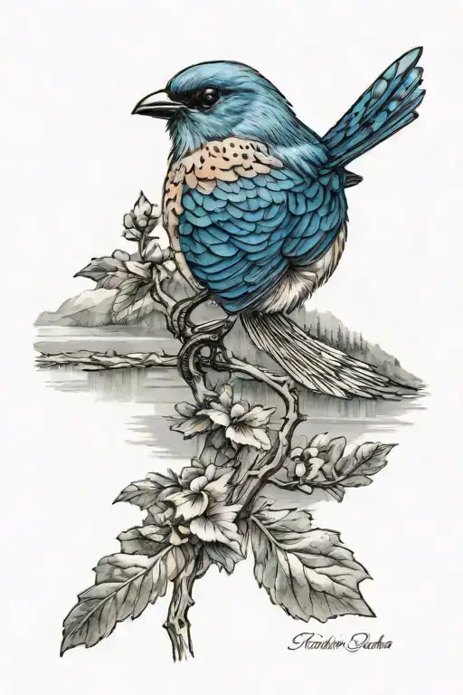 Payette  lake in Idaho with a mountain blue bird  tattoo design idea