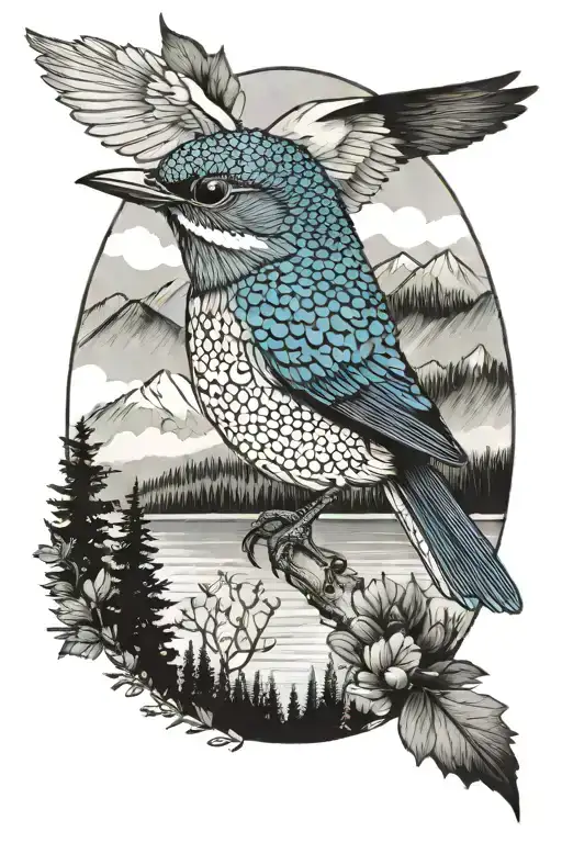 Payette lake in Idaho with a small mountain blue bird in the background  tattoo design idea