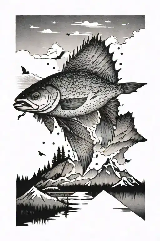 Redfish lake in Idaho with a mountain blue bird flying tattoo design idea