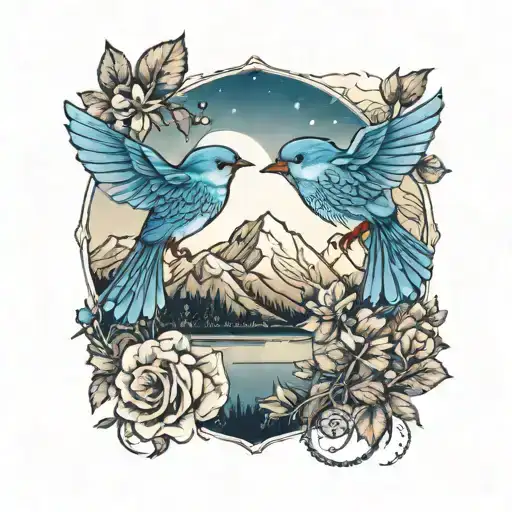 smaller mountain blue birds flying and wild prairie rose intertwined with the rocky mountains or lake in the background  tattoo design idea