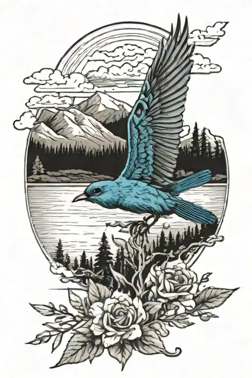 Payette lake in Idaho with a small mountain blue bird in the background  tattoo design idea