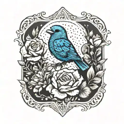 mountain blue bird and wild prairie rose intertwined tattoo design idea