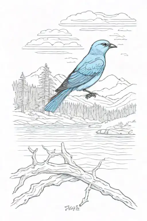 Payette lake in Idaho with a small mountain blue bird in the background  tattoo design idea