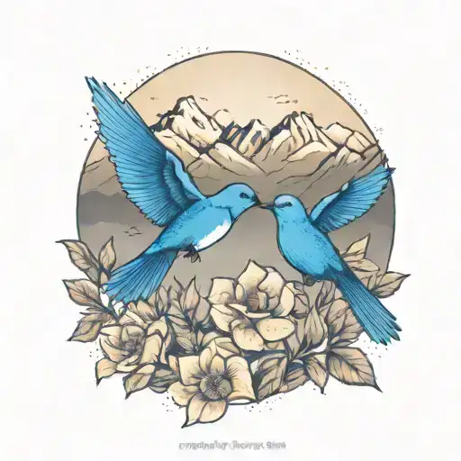 mountain blue birds flying and small  wild prairie rose intertwined with the rocky mountains or lake in the background  tattoo design idea