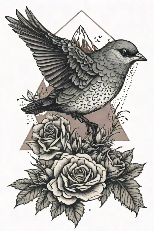 small ountain blue bird with the rocky mountains in the back and small wildprairie roses around with geometric features  tattoo design idea