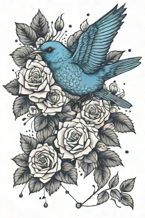 small mountain blue bird flying with the rocky mountains and small wild praire roses and some geometric concepts  tattoo design idea