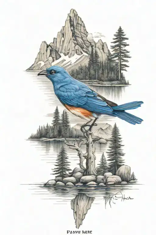Payette lake in Idaho with a small mountain blue bird in the background  tattoo design idea