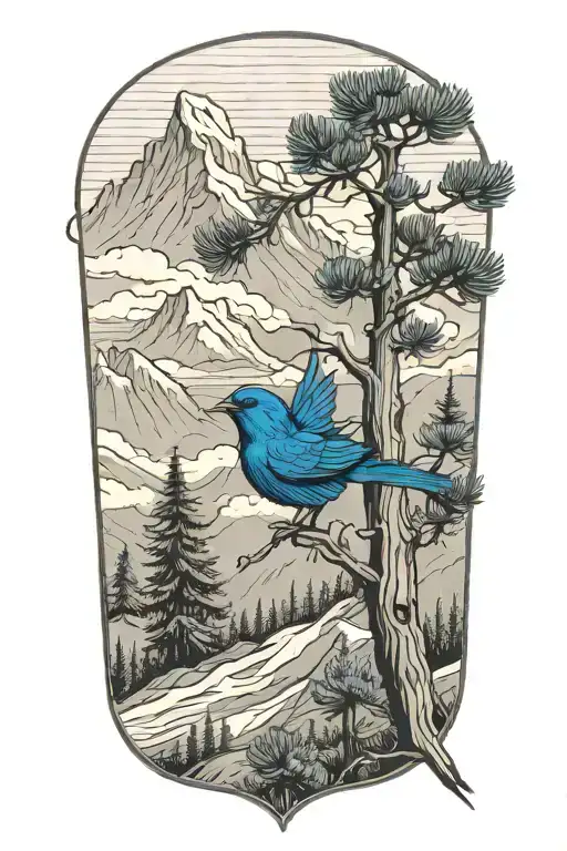 whitepine tree with mountain blue bird flying away tattoo design idea
