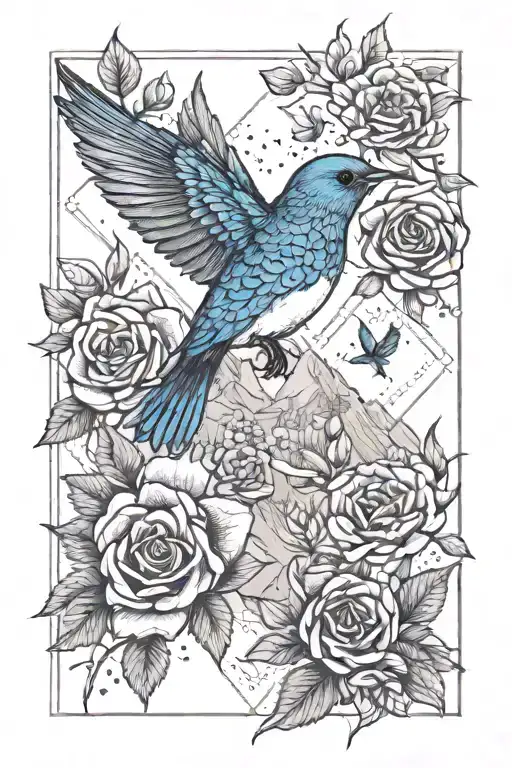 small mountain blue bird flying with the rocky mountains and small wild praire roses and some geometric concepts  tattoo design idea