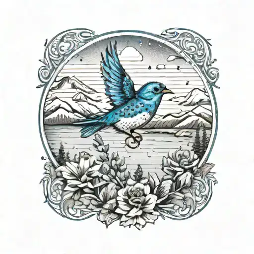 one mountain blue bird flying, with two or three small wild prairie roses and a calm apline lake in the background tattoo design idea