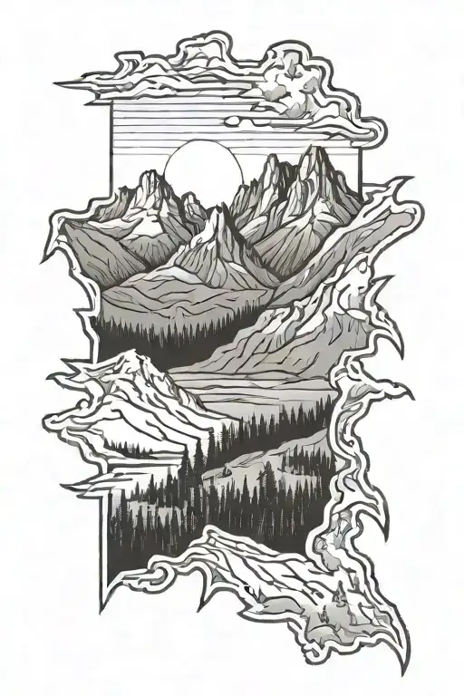 Sawtooth mountain range in Idaho state outline tattoo design idea