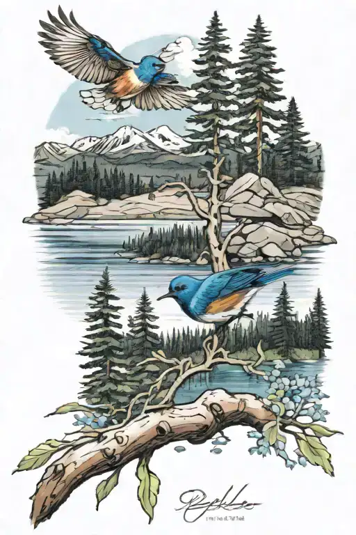 Payette lake in Idaho with a small mountain blue bird in the background  tattoo design idea