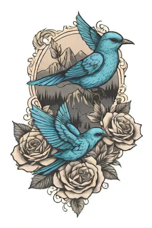 smaller mountain blue birds flying and wild prairie rose intertwined with the rocky mountains or lake in the background  tattoo design idea