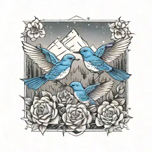 mountain blue birds flying and small  wild prairie rose intertwined with the rocky mountains or lake in the background  tattoo design idea
