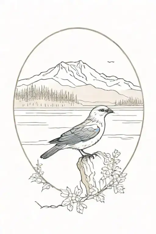 Payette lake in Idaho with a small mountain blue bird in the background  tattoo design idea