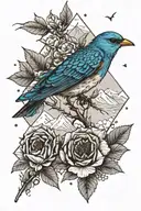 mountain blue bird with the rocky mountains in the back and wild prairie roses around with some geometric features  tattoo design idea