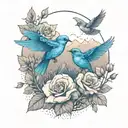 mountain blue birds flying and small  wild prairie rose intertwined with the rocky mountains or lake in the background  tattoo design idea